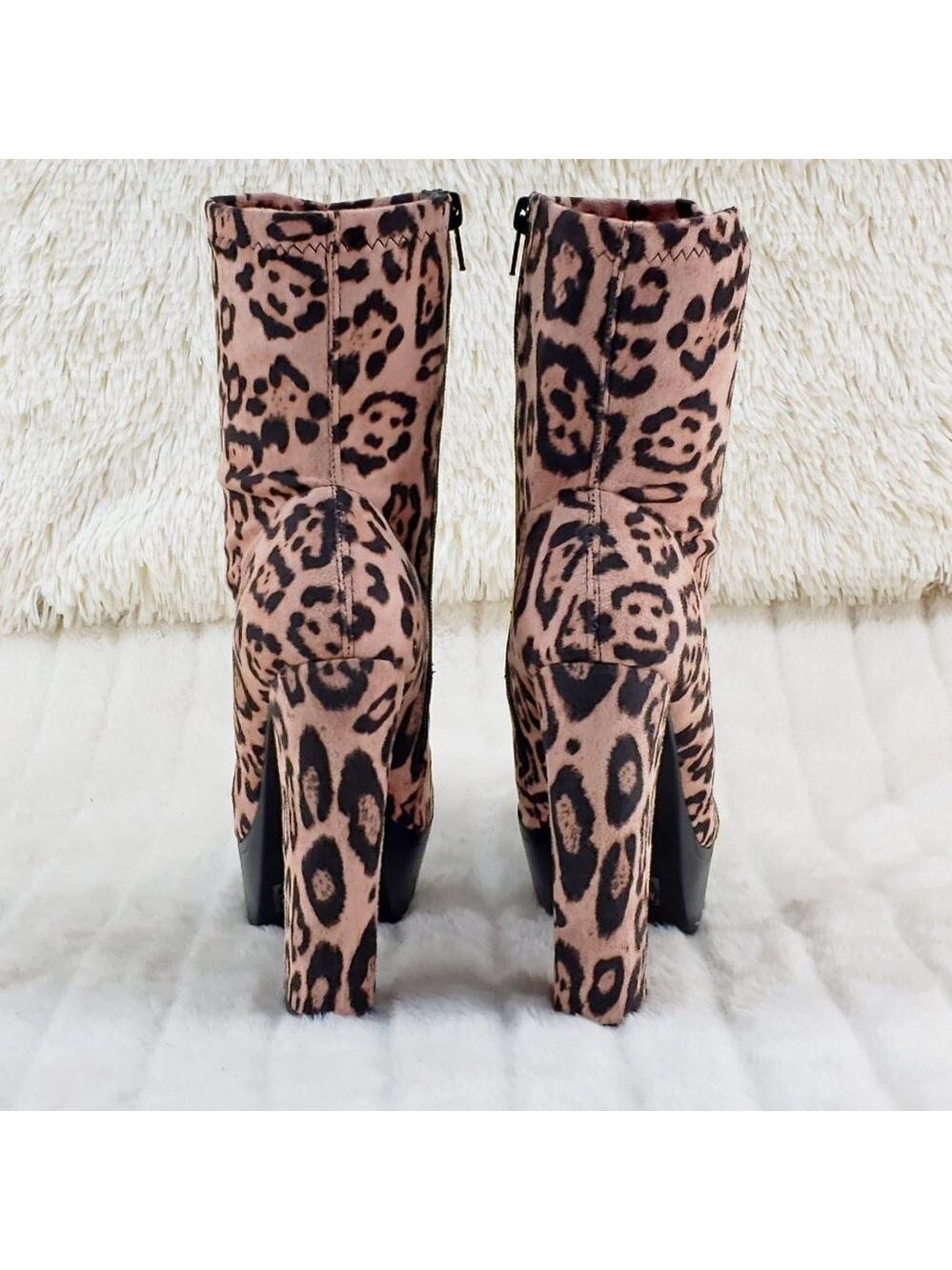 Sexy Erin Stretch Leopard Print 6" Chunky Heel Platform Lug Sole Ankle Boots - Picture 9 of 11